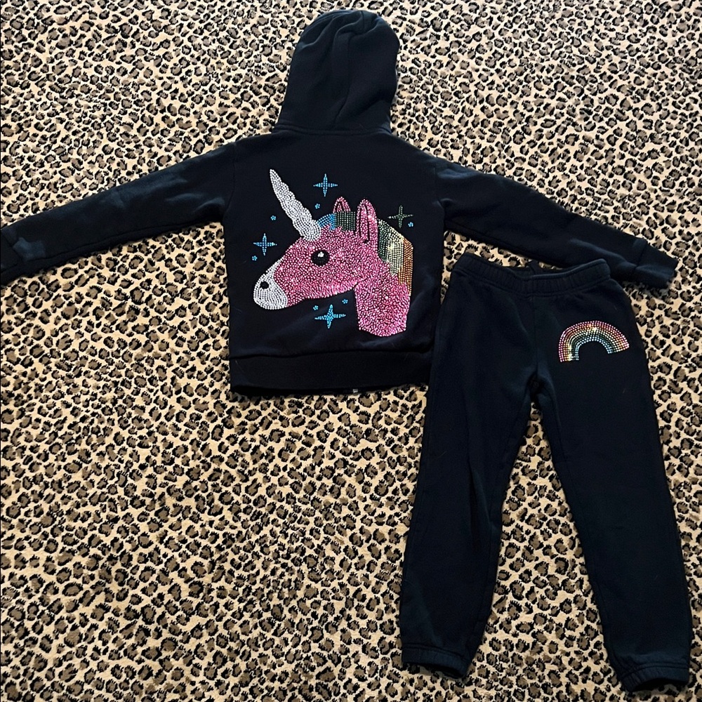 Butter Girls 5/6 black Kids Unicorn Hoodie & Joggers Set with Sequin Unicorn